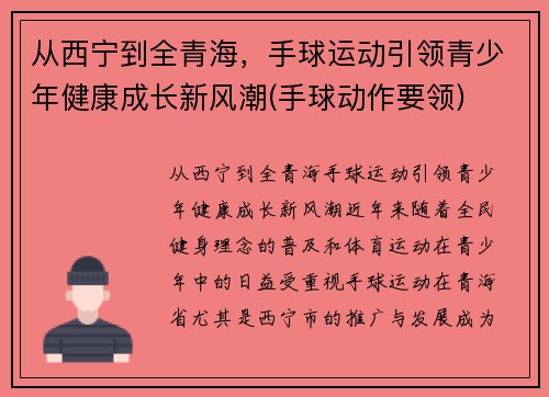 从西宁到全青海，手球运动引领青少年健康成长新风潮(手球动作要领)