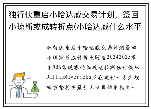 独行侠重启小哈达威交易计划，签回小琼斯或成转折点(小哈达威什么水平)