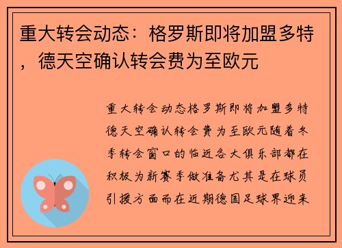 重大转会动态：格罗斯即将加盟多特，德天空确认转会费为至欧元