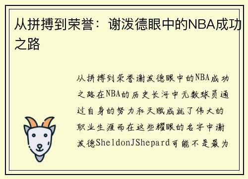 从拼搏到荣誉：谢泼德眼中的NBA成功之路