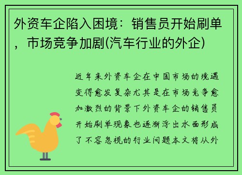 外资车企陷入困境：销售员开始刷单，市场竞争加剧(汽车行业的外企)