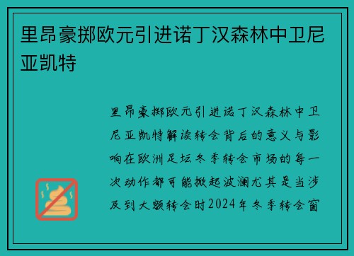 里昂豪掷欧元引进诺丁汉森林中卫尼亚凯特